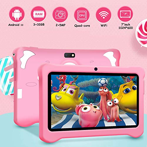 Tablet para Niños Android 10.0 (Certificación Google GMS) 3GB RAM+32GB ROM/128GB 7.1 Pulgadas HD 5.0MP Cámara Quad Core Tablet Infantil de Kid-Proof Funda Tablet Niños Educativo (Rosado)
