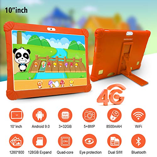 Tablet para Niños con WiFi 4G, 3GB RAM 32GB ROM /128GB Escalables Tableta PC, Quad-Core Dual SIM 8+5MP 8500mAh Google OTG Netflix Tablet Android 9.0 (Naranja)