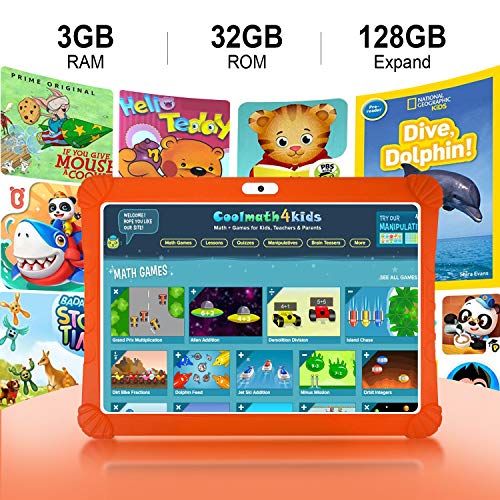 Tablet para Niños con WiFi 4G, 3GB RAM 32GB ROM /128GB Escalables Tableta PC, Quad-Core Dual SIM 8+5MP 8500mAh Google OTG Netflix Tablet Android 9.0 (Naranja)