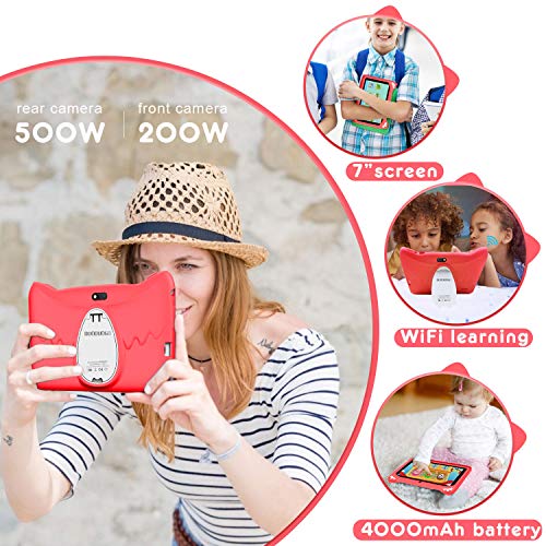 Tablet para Niños con WiFi 7 Pulgadas Android 10 Pie, 3GB RAM+32GB ROM/128GB y Juegos Educativos (Rojo)