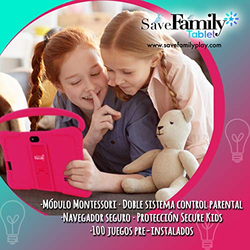 Tablet SaveFamily para niños pedagógica y Divertida. Navegador Seguro Infantil, Doble Control Parental con Dos App, más de 100 Juegos basados en el método Montessori. Totalmente en Castellano (Rosa)