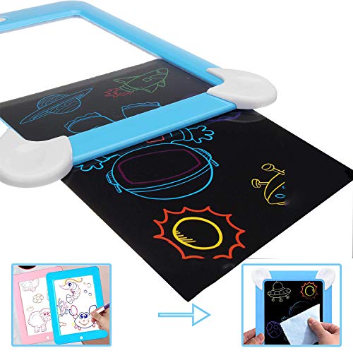 Tableta de Dibujo Pizarra 3D Mágica con Luces LED Educativo Infantil Borrable Dibujo de Graffiti Colorido Luminoso sin Papel & Marco de Fotos Regalos Juguetes para Niños(Azul)