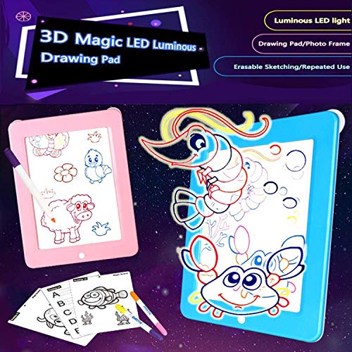 Tableta de Dibujo Pizarra 3D Mágica con Luces LED Educativo Infantil Borrable Dibujo de Graffiti Colorido Luminoso sin Papel & Marco de Fotos Regalos Juguetes para Niños(Azul)