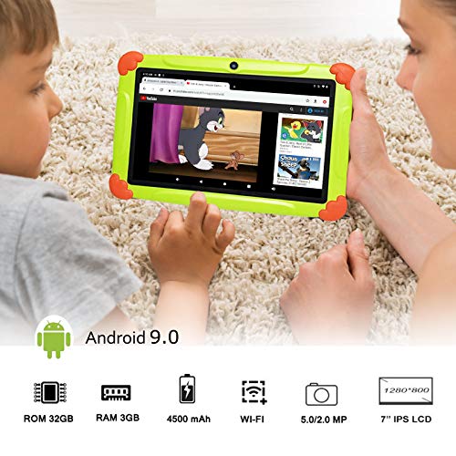 Tableta para Niños de 7 Pulgadas 3 a 12 años Android 9.0 con WiFi 3GB RAM 32GB ROM Quad Core Kid-Proof Ángulo Netflix GMS Certificado Google Play Juegos Educativos Preinstalado - Verde