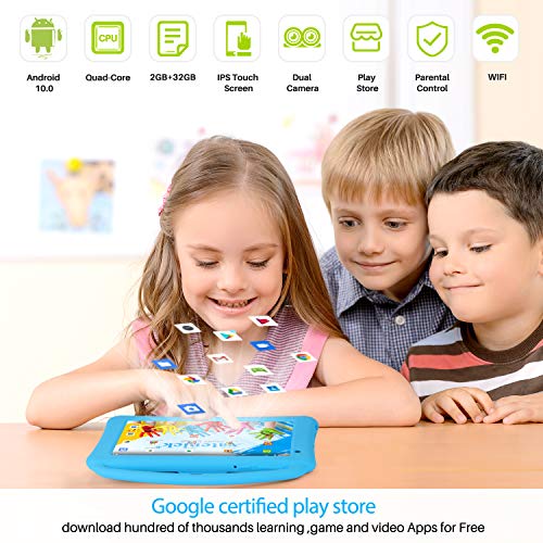 Tableta para Niños Regalo Pantalla IPS De 7 Pulgadas Quad-Core Android 10.0 2GB Ram 32GB ROM Google Play Preinstalado con Estuche A Prueba De Azul GMS Certificado Regalo Juguete para Niños (Azul)