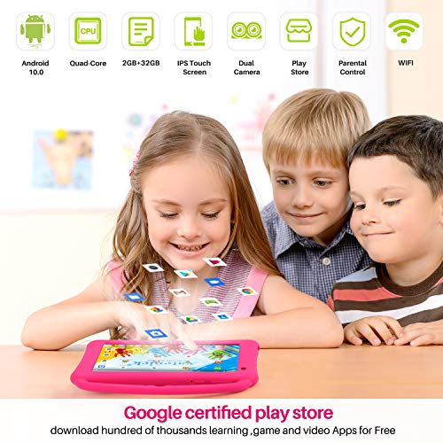 Tableta para Niños Regalo Pantalla IPS De 7 Pulgadas Quad-Core Android 10.0 2GB Ram 32GB ROM Google Play Preinstalado con Estuche A Prueba De Azul GMS Certificado Regalo Juguete para Niños (Rosa)