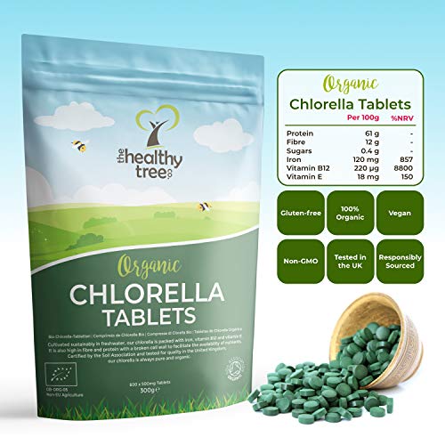 Tabletas de Chlorella Orgánica de The HealthyTree Company - Vegano, Vitaminas B12 y E, Hierro - Clorela Comprimidos de Pared Celular Rota, Certificada por el Reino Unido, 600 x 500 mg (300 g)