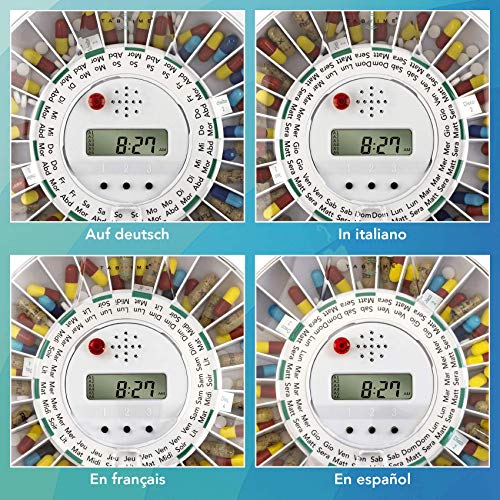 TabTime Medelert Dispensador de pastillas electrónico, hasta 6 alarmas al día. Las instrucciones y los discos están en español. Tapa transparente bloqueable. Una herramienta imprescindible que ayuda las personas mayores y las que sufren de las enfermedade