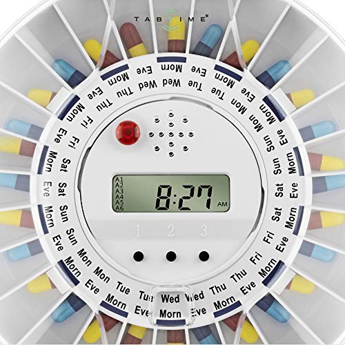 TabTime Medelert Dispensador de pastillas electrónico, hasta 6 alarmas al día. Las instrucciones y los discos están en español. Tapa transparente bloqueable. Una herramienta imprescindible que ayuda las personas mayores y las que sufren de las enfermedade