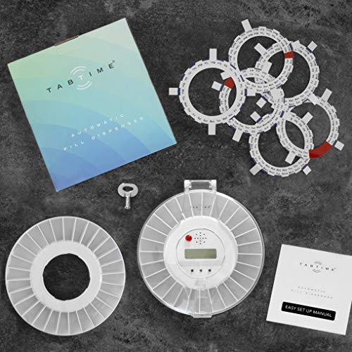 TabTime Medelert Dispensador de pastillas electrónico, hasta 6 alarmas al día. Las instrucciones y los discos están en español. Tapa transparente bloqueable. Una herramienta imprescindible que ayuda las personas mayores y las que sufren de las enfermedade