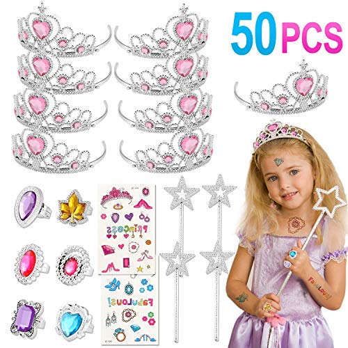 Tacobear 50 Piezas Disfraz Princesa Niña con Tiara Princesa Corona Princesa Tatuajes Anillos Varita Mágica Disfraces Princesas Vestido Accesorios Set Regalos Fiesta Cumpleaños para Niñas Niños (Rosa)