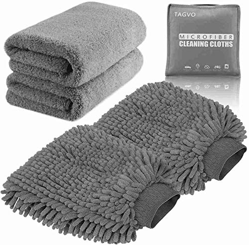 TAGVO Mitón de Microfibra Toalla de Microfibra Premium para Limpieza de Coche Guante de Chenilla para el Lavado Toalla de Felpa Especial para el Lavado, Secado y Pulido (Toalla x2+ Mitón x2)