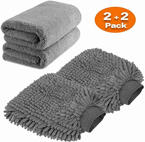 TAGVO Mitón de Microfibra Toalla de Microfibra Premium para Limpieza de Coche Guante de Chenilla para el Lavado Toalla de Felpa Especial para el Lavado, Secado y Pulido (Toalla x2+ Mitón x2)
