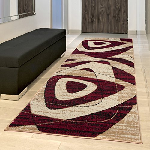Tapiso Alfombra De Pasillo Moderna Fina - Color Beige Rojo Marrón Oscuro Diseño Abstacto Cuadrado - Colección Fiesta 80 x 200 cm