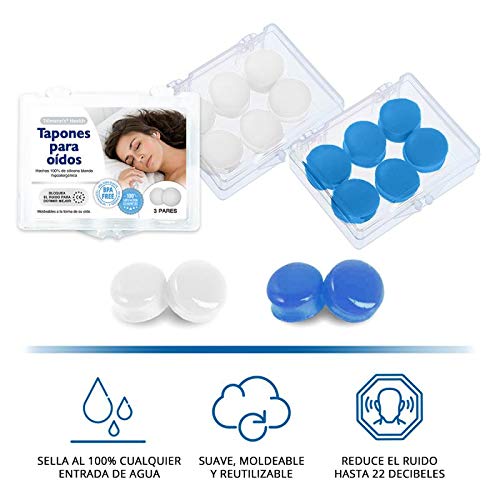 Tapones Oidos Dormir 6 Pares - Tapones Oidos Silicona Moldeables Para Aislar Ruido - BPA Free Apto Para Toda La Familia En Blanco Y Azul