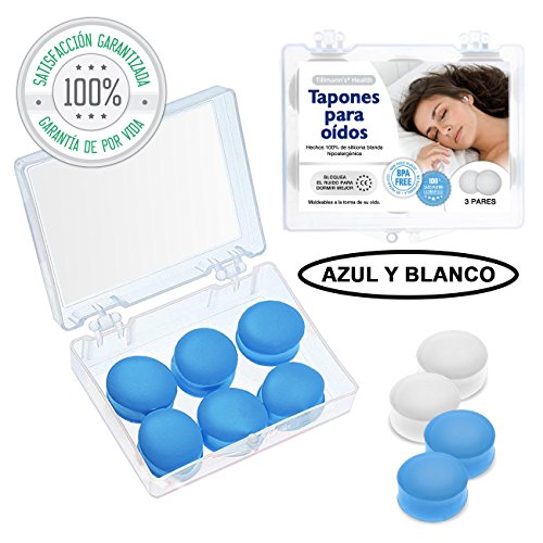 Tapones Oidos Dormir 6 Pares - Tapones Oidos Silicona Moldeables Para Aislar Ruido - BPA Free Apto Para Toda La Familia En Blanco Y Azul