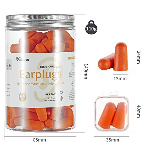 Tapones Oídos Espuma Uktunu 64 Pares de Suaves Tapones Oidos que Bloquean los Ruidos Protectores Auditivos con Estuche SNR 34 dB para Dormir, Estudiar, Viajar