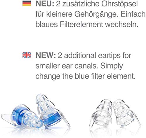 Tapones protectors de oído Senner MusicPro con caja de aluminio. 2 tamaños proporcionados. Para un uso prolongado y repetitivo. Ideal para conciertos, discotecas y festivals, azul / transparente