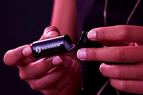 Tapones protectors de oído Senner MusicPro con caja de aluminio. 2 tamaños proporcionados. Para un uso prolongado y repetitivo. Ideal para conciertos, discotecas y festivals, azul / transparente