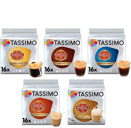 Tassimo Café Marcilla Café Selección - Marcilla Café con Leche/Cortado/Espresso/Café Largo/Espresso Descafeinado Cápsulas de Café - 5 Paquetes (80 Porciones)