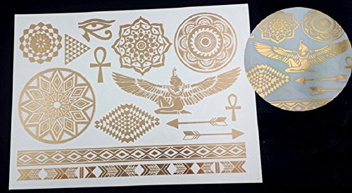 Tatoo Body - Conjunto de 14 tatuajes temporales metálicos, resistentes al agua, diseño de tipo egipcio, dorado