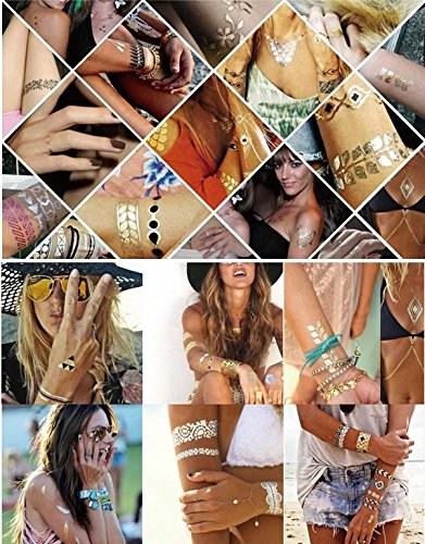 Tatoo Body - Conjunto de 14 tatuajes temporales metálicos, resistentes al agua, diseño de tipo egipcio, dorado
