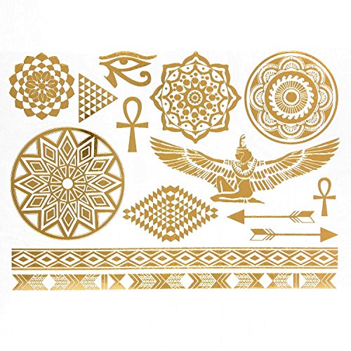 Tatoo Body - Conjunto de 14 tatuajes temporales metálicos, resistentes al agua, diseño de tipo egipcio, dorado
