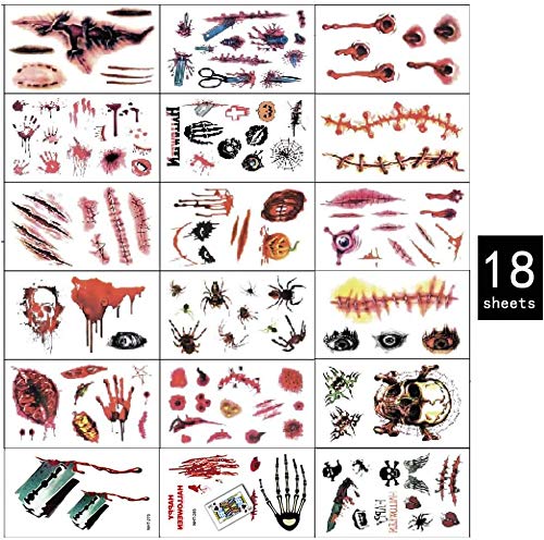 Tatuajes de cicatrices de Halloween, 18 hojas de terror realista, falso tatuaje temporal de heridas de sangre, kit de maquillaje de zombies, para Halloween Cos play Party (Tatuajes de zombies)