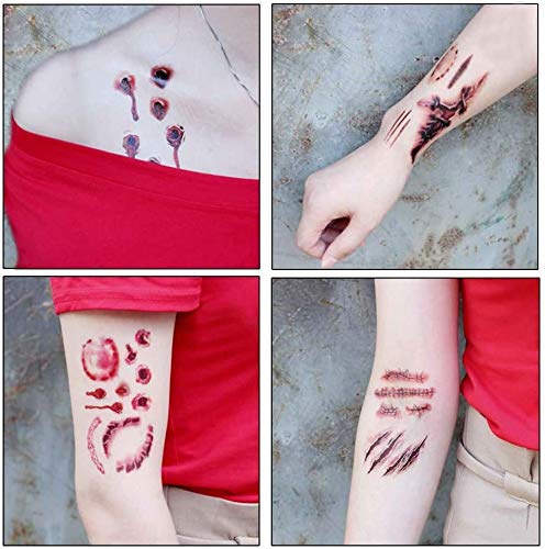 Tatuajes de cicatrices de Halloween, 18 hojas de terror realista, falso tatuaje temporal de heridas de sangre, kit de maquillaje de zombies, para Halloween Cos play Party (Tatuajes de zombies)
