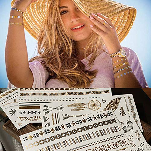 Tatuajes Temporales dorados,ZoneYan 6 Piezas 70 Patrones Tatuajes Temporales, Metálico Oro y Plata Flash Tatuaje, Extraíble Impermeable Adhesivos Removibles