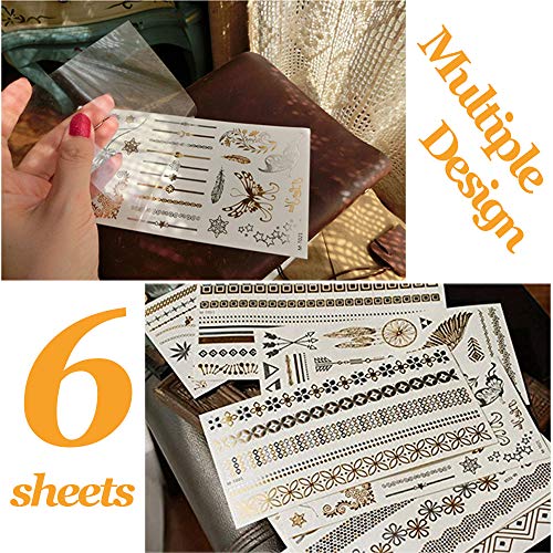 Tatuajes Temporales dorados,ZoneYan 6 Piezas 70 Patrones Tatuajes Temporales, Metálico Oro y Plata Flash Tatuaje, Extraíble Impermeable Adhesivos Removibles