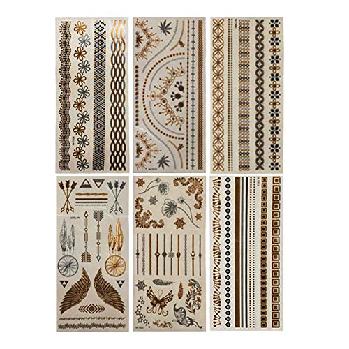 Tatuajes Temporales dorados,ZoneYan 6 Piezas 70 Patrones Tatuajes Temporales, Metálico Oro y Plata Flash Tatuaje, Extraíble Impermeable Adhesivos Removibles