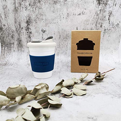 Taza de Café para llevar con Tapa, Taza de Café Reutilizable Faireach con Manga Antideslizante, taza de café portátil de Viaje con sin BPA, Apto para lavavajillas y microondas, 340ml (12 oz, Azul)