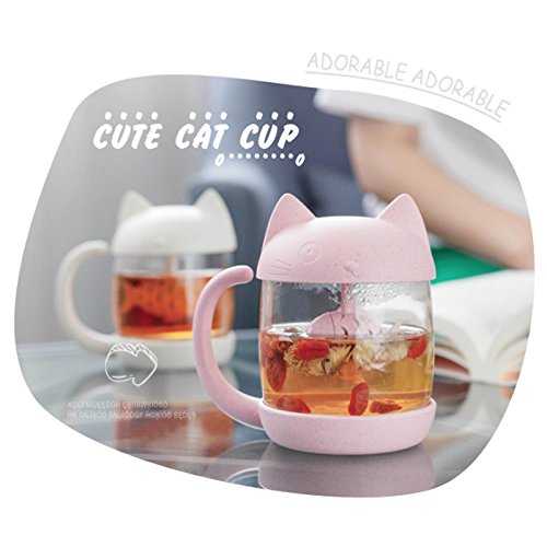 Taza de té de cristal del gato Taza De Agua Bottle-With Fish Tea Filtro filtro de infusión 250ml (8oz) (Rosa)