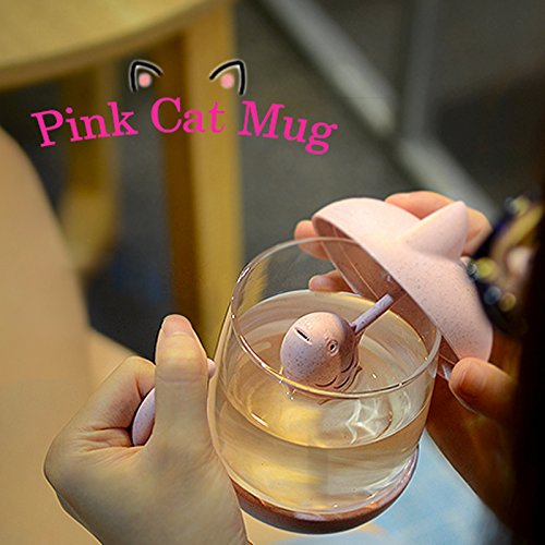 Taza de té de cristal del gato Taza De Agua Bottle-With Fish Tea Filtro filtro de infusión 250ml (8oz) (Rosa)