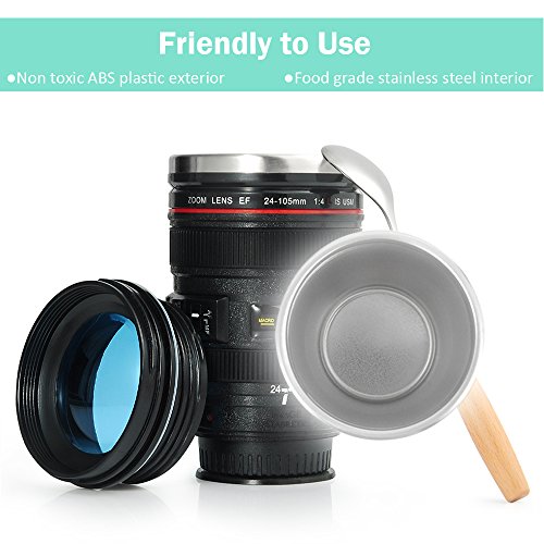 Taza Objetivo de café de Viaje con Cuchara, Lente de cámara Tazas de café con Tapa Copa de Vaso de Acero Inoxidable Boca Ancha a Prueba de Fugas para Leche de café Agua