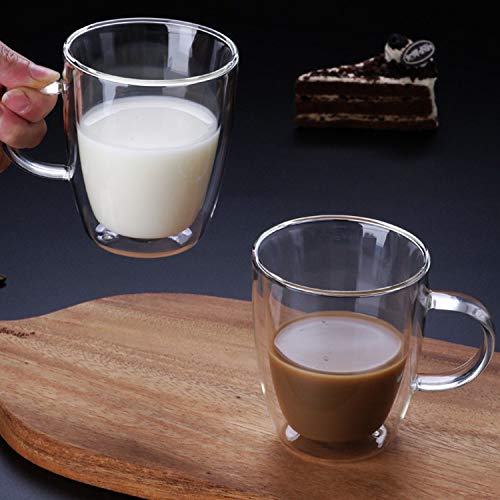 Tazas de vidrio doble pared,BOQO Taza de cristal con mango,400ml Juego de 2