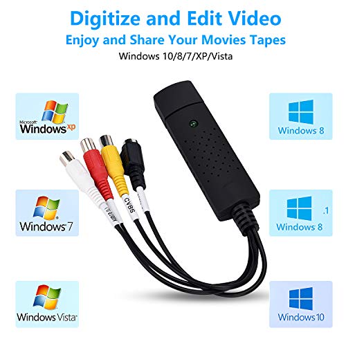 TCNEWCL Convertidor de Captura de vídeo USB, VHS a DVD Digital Grabber Grabador, Capturadora Digitalizadora de vídeo para Windows 10 8 7