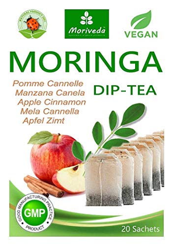 Té de Moringa 100% natural y vegano (opcionalmente Moringa-mezcla de hojas, manzana-canela, granada, jengibre, menta). 1A Calidad (20 bolsitas de té Moringa-Manzana-Canela)