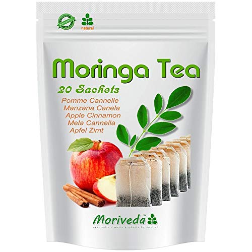 Té de Moringa 100% natural y vegano (opcionalmente Moringa-mezcla de hojas, manzana-canela, granada, jengibre, menta). 1A Calidad (20 bolsitas de té Moringa-Manzana-Canela)
