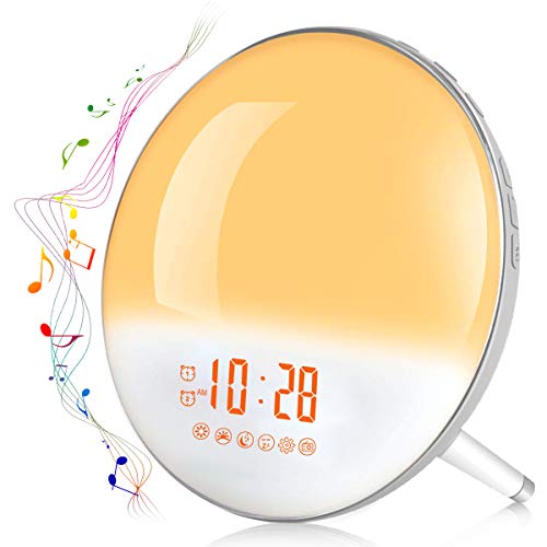 Te-Rich 2020 Wake Up Light Luz Despertador Simulación del Amanecer y Anochecer Luz LED con 2 Alarmas y 7 Sonidos Naturales,Radio FM Digital,7 colores claros,20 Niveles de Brillo