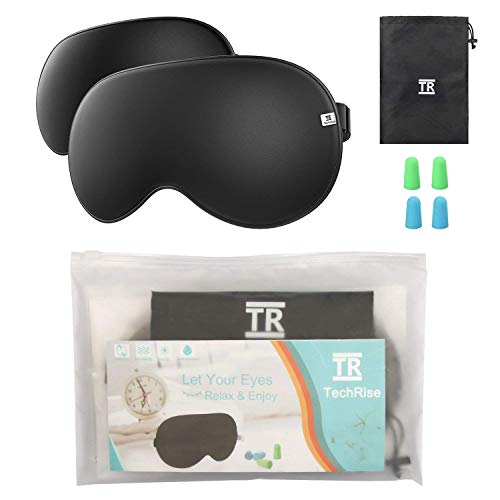 TechRise Mascarilla para dormir, [2 Piezas] Antifaz de Viaje para Dormir con tapón de oído y Ajustable Correa, 100% Tela de Seda Natural y 100% algodón Puro