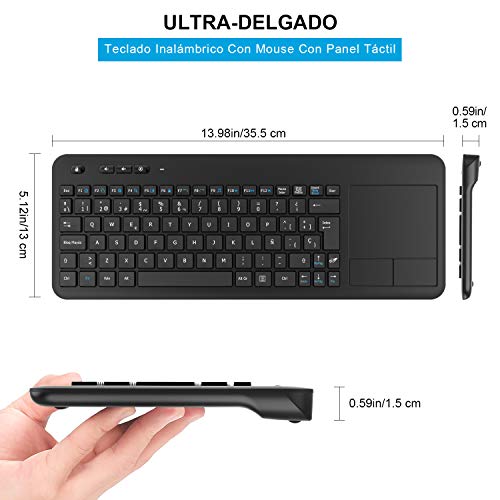 Teclado Táctil Inalámbrico, WisFox Teclado Inalámbrico Ultra Delgado de 2.4G con Trackpad Multitoque de Gran TamañoIncorporado para Smart TV HTPC Tableta PC Computadora Portátil Google Windows Android