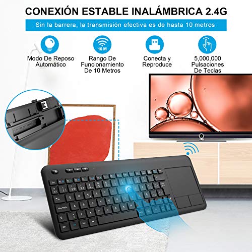 Teclado Táctil Inalámbrico, WisFox Teclado Inalámbrico Ultra Delgado de 2.4G con Trackpad Multitoque de Gran TamañoIncorporado para Smart TV HTPC Tableta PC Computadora Portátil Google Windows Android