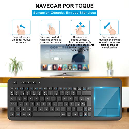 Teclado Táctil Inalámbrico, WisFox Teclado Inalámbrico Ultra Delgado de 2.4G con Trackpad Multitoque de Gran TamañoIncorporado para Smart TV HTPC Tableta PC Computadora Portátil Google Windows Android