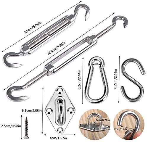 TedGem Kit de Montaje para Toldo, toldo fijación accesorios 42Pcs 304 Acero Inoxidable Kit (ojales de almohadill, mosquetón, hebillas, S forma gancho, tornillos, Pernos) para Montaje para Toldo