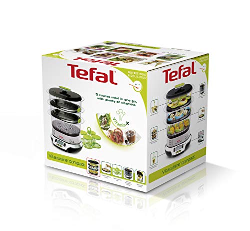 Tefal Vitacuisine Compact VS400333 - Vaporera compacta 1800 W, con 3 pisos para cocción simultánea, 2 cestos, capacidad de 9 L, libro de cocina incluído