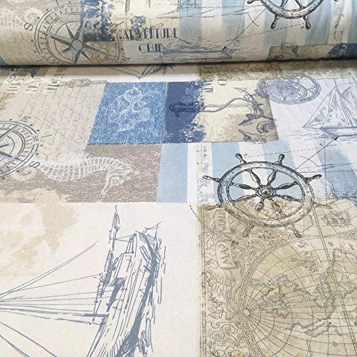 Tela por metros de loneta estampada digital - Half Panamá 100% algodón - Ancho 280 cm - Largo a elección de 80 en 80 cm | Motivos marineros - Beige, marrón, azul