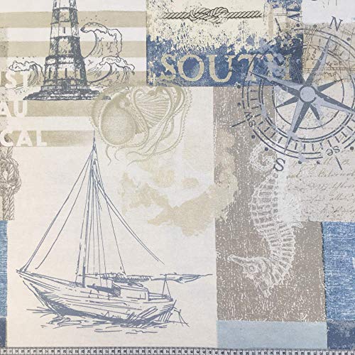 Tela por metros de loneta estampada digital - Half Panamá 100% algodón - Ancho 280 cm - Largo a elección de 80 en 80 cm | Motivos marineros - Beige, marrón, azul