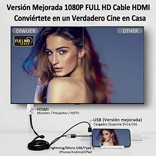 Teléfono a HDMI Cable, DIWUER Versión Mejorada 1080P Adaptador AV Digital Cable, Adaptador MHL a HDMI para iPhone Android iPad a TV/Projector/Monitor